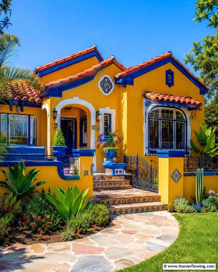 Vibrant Exterior Paint - 30 Spanish Bungalow Exterior Ideas for Mediterranean Charm