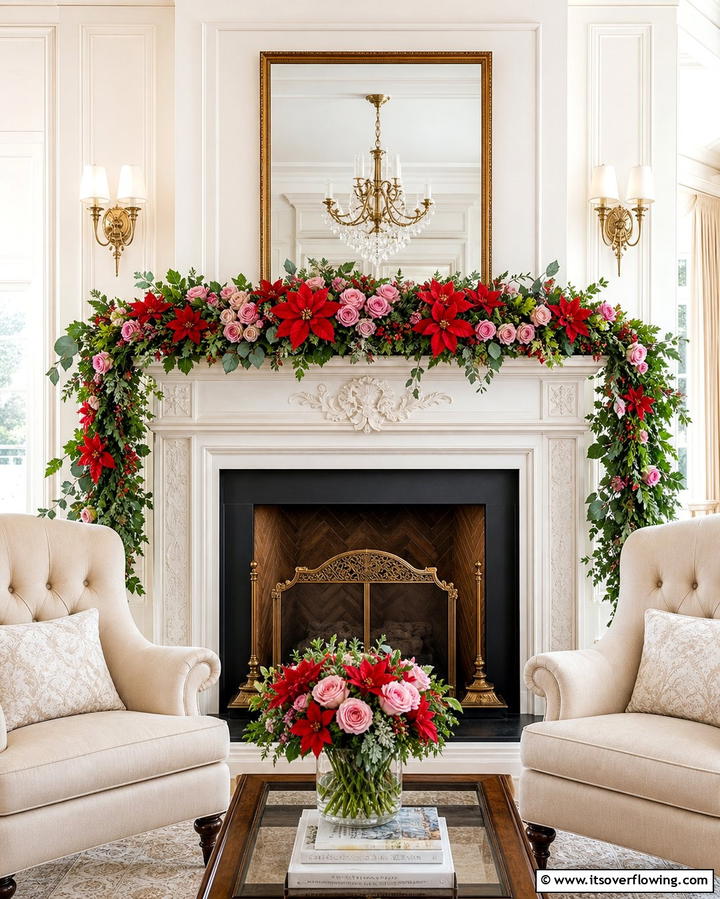 Vibrant Floral Accents - 25 Mantel Garland Ideas for a Festive Home Decor