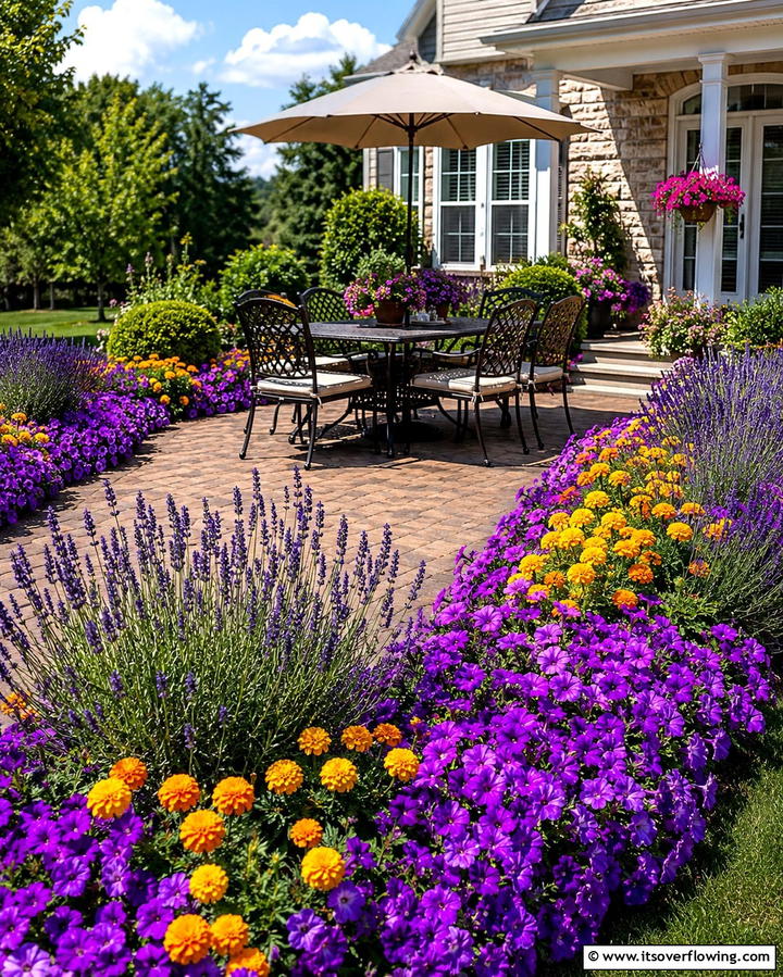 Vibrant Floral Border Accents - 25 Front Yard Patio Ideas to Enhance Your Outdoor Space