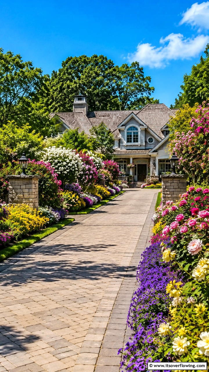 Vibrant Floral Border - 30 Driveway Entrance Ideas for Impressive Arrivals