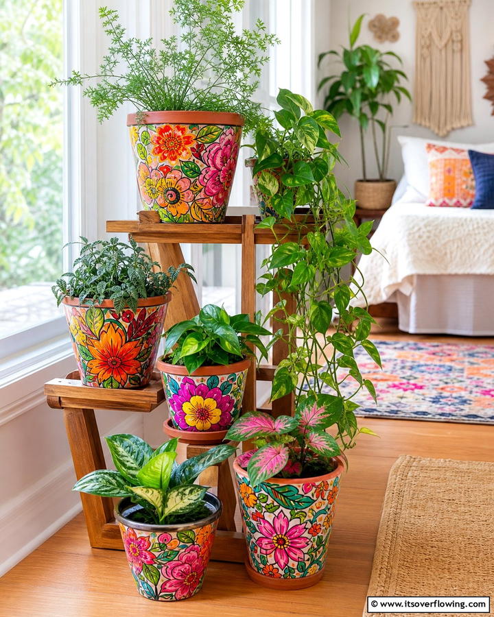 Vibrant Floral Fiesta - 21 Painted Pot Ideas for Creative Plant Container Makeovers