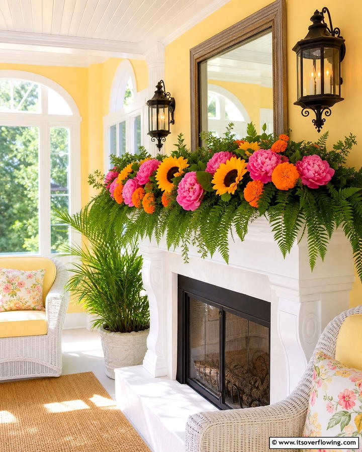Vibrant Floral Garland - 25 Mantel Garland Ideas for a Festive Home Decor