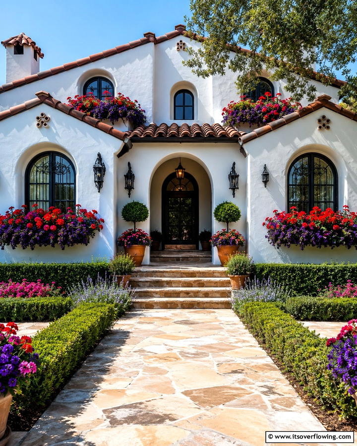 Vibrant Flower Boxes - 30 Spanish Bungalow Exterior Ideas for Mediterranean Charm
