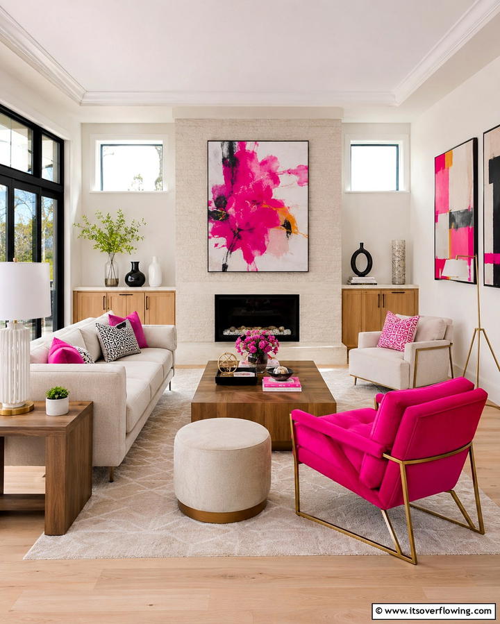 Vibrant Fuchsia Highlights - 30 Pink Living Room Ideas for Soft and Inviting Spaces