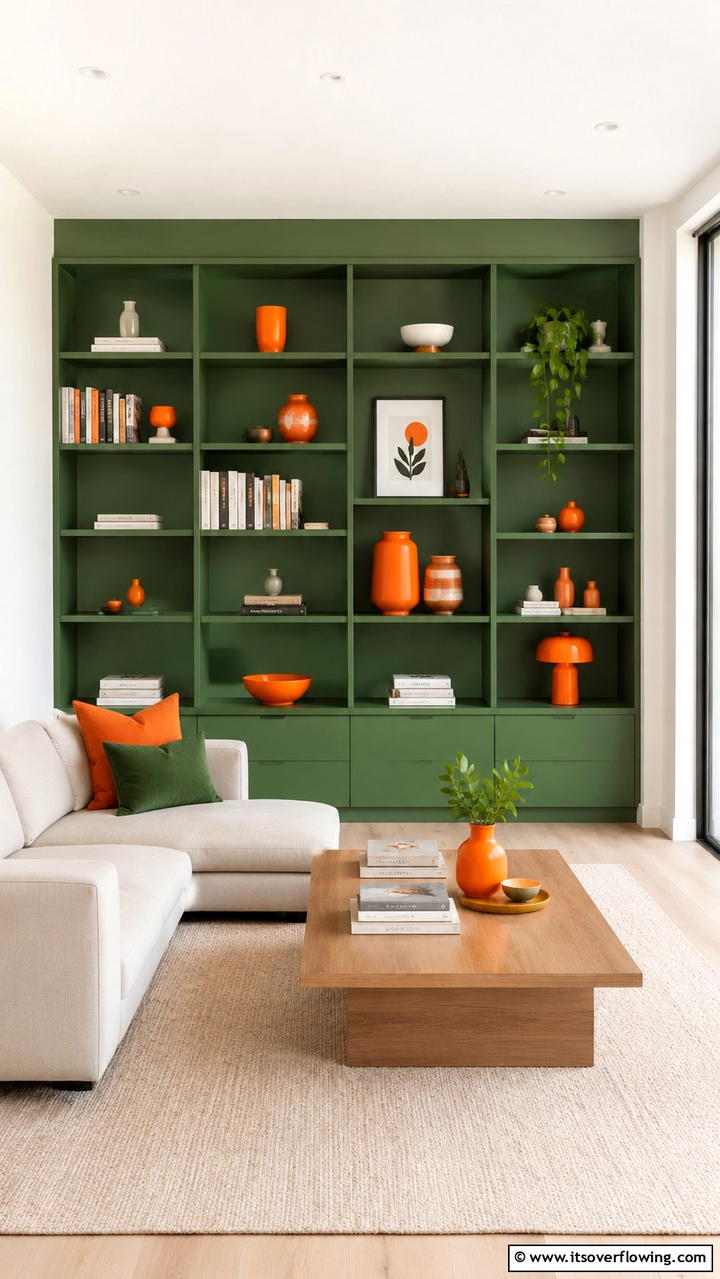 Vibrant Green and Orange Minimalist Shelves - 30 Green and Orange Living Room Ideas for Bold Style