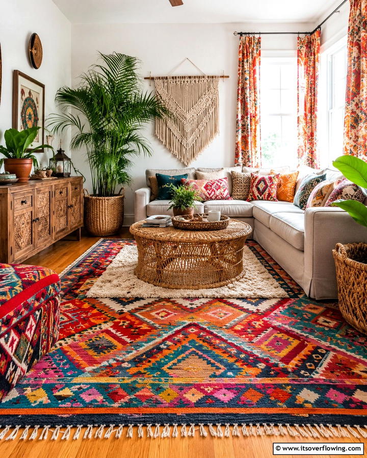 Vibrant Kilim Rugs - 25 Colorful Boho Living Room Ideas for a Vibrant Space