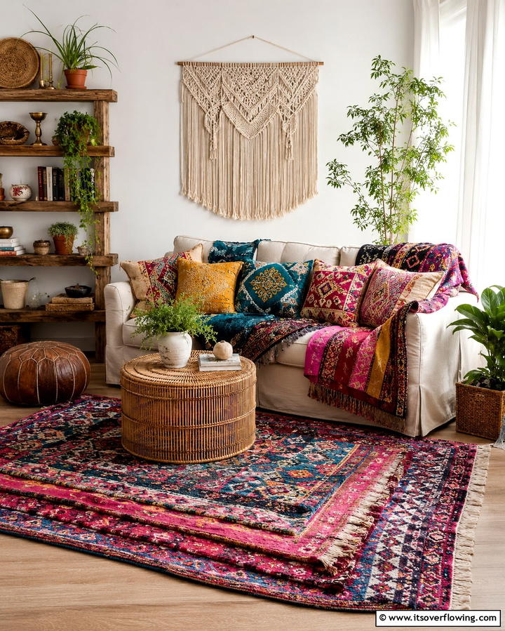 Vibrant Layered Textiles - 25 Colorful Boho Living Room Ideas for a Vibrant Space