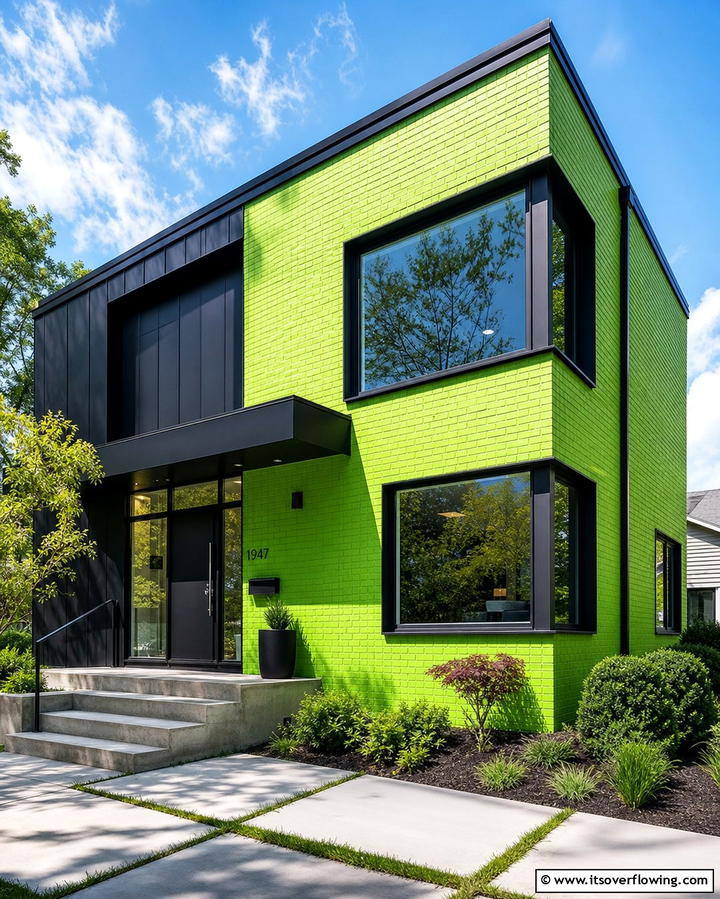 Vibrant Lime Green with Black Trim - 30 Green Brick Exterior Home Design Ideas for Modern Houses