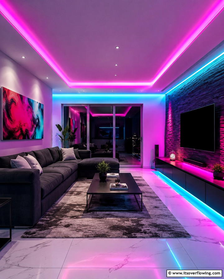 Vibrant Living Room Accents - 30 Aesthetic Room Ideas With LED Lights for Vibes