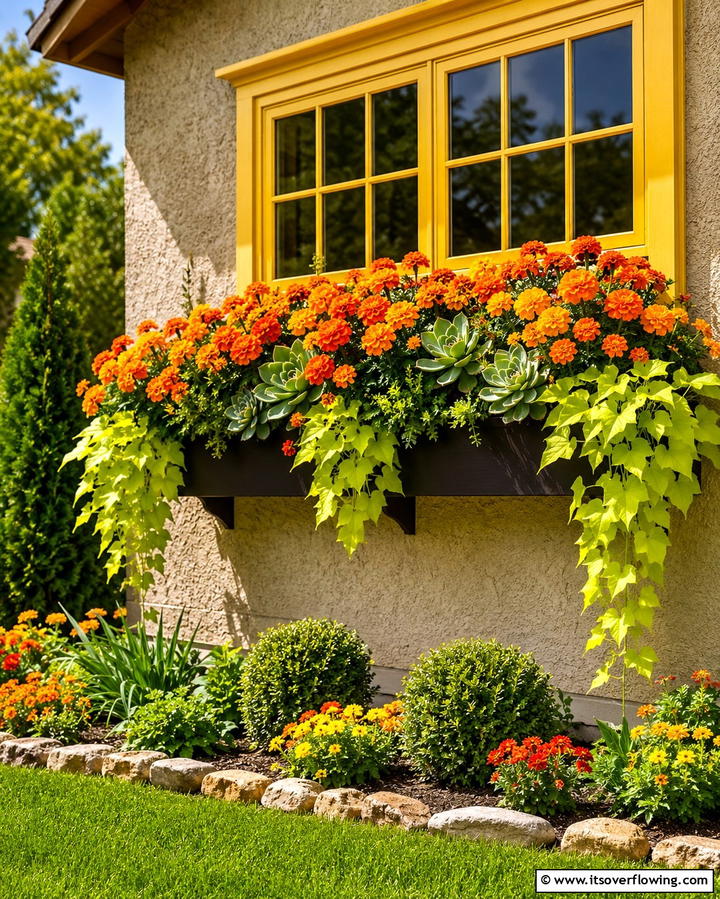 Vibrant Marigold Mix - 30 Fall Window Box Ideas for Autumn-Inspired Floral Displays