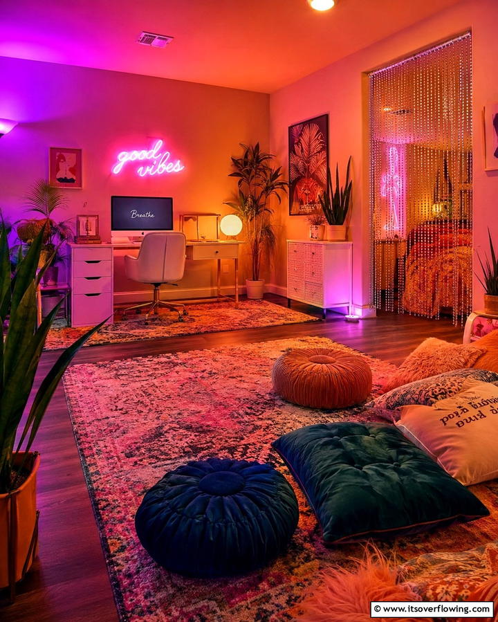 Vibrant Mood Lighting Boho Office - 30 Bohemian Home Office Ideas for Eclectic Workspace Vibes