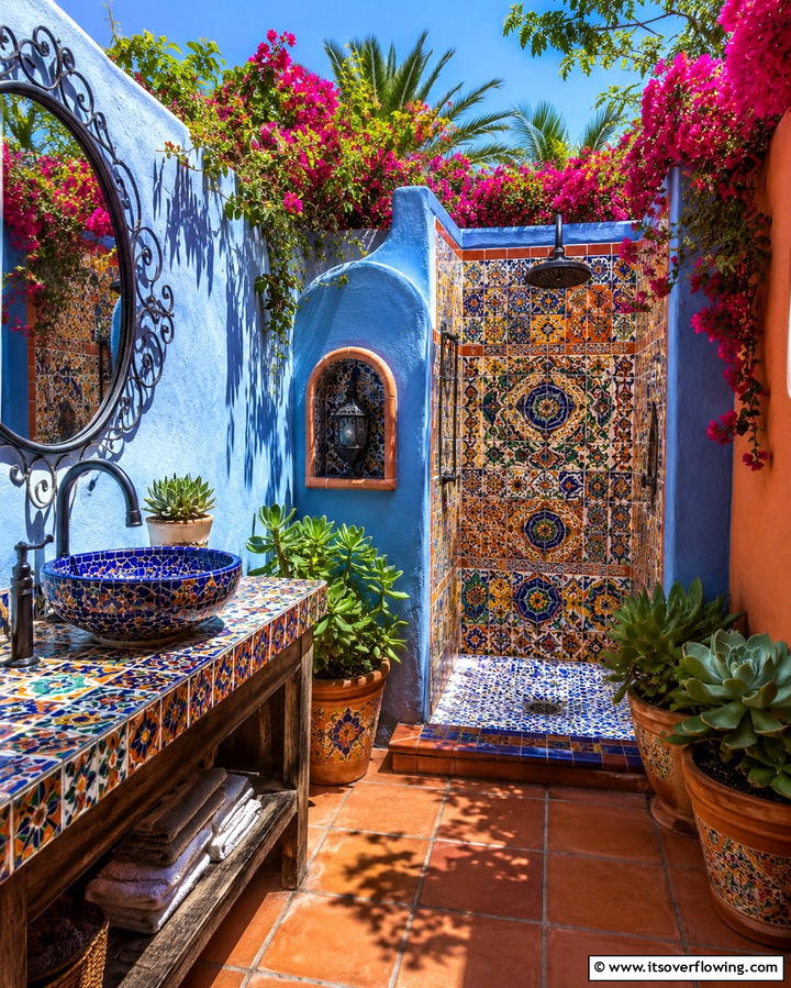 Vibrant Mosaic Bathroom - 30 Outdoor Bathroom Ideas for a Luxurious Backyard Oasis