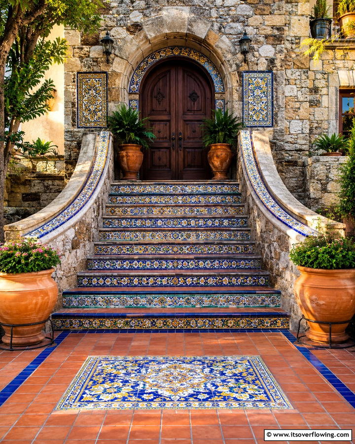 Vibrant Mosaic Tiles for Artistic Flair - 30 Mediterranean House Exterior Ideas for Coastal Charm