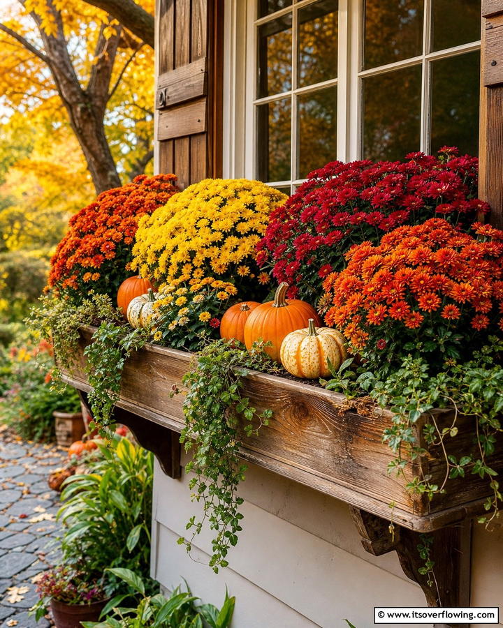 Vibrant Mums and Pumpkins Combo - 20 Fall Flower Box Ideas for Seasonal Beauty