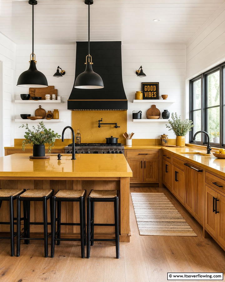 Vibrant Mustard Highlights - 30 Countertop Colors That Harmonize With Oak Cabinets