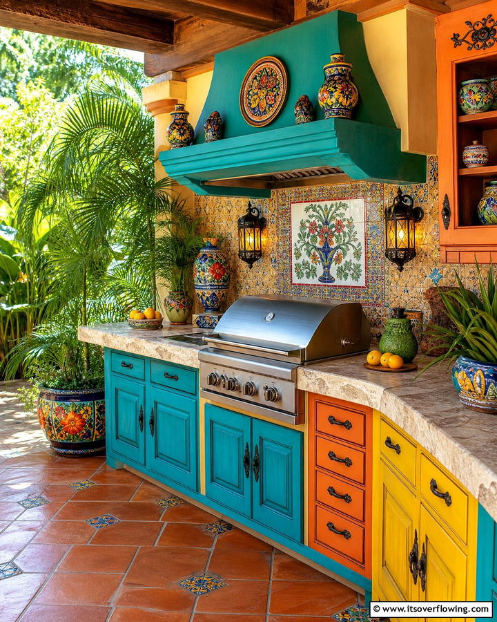 Vibrant Painted Cabinets - 20 Mexican Outdoor Kitchen Ideas for Vibrant Spaces