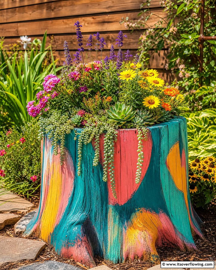 Vibrant Painted Planter - 21 Creative Tree Stump Decorating Ideas for Rustic Accents
