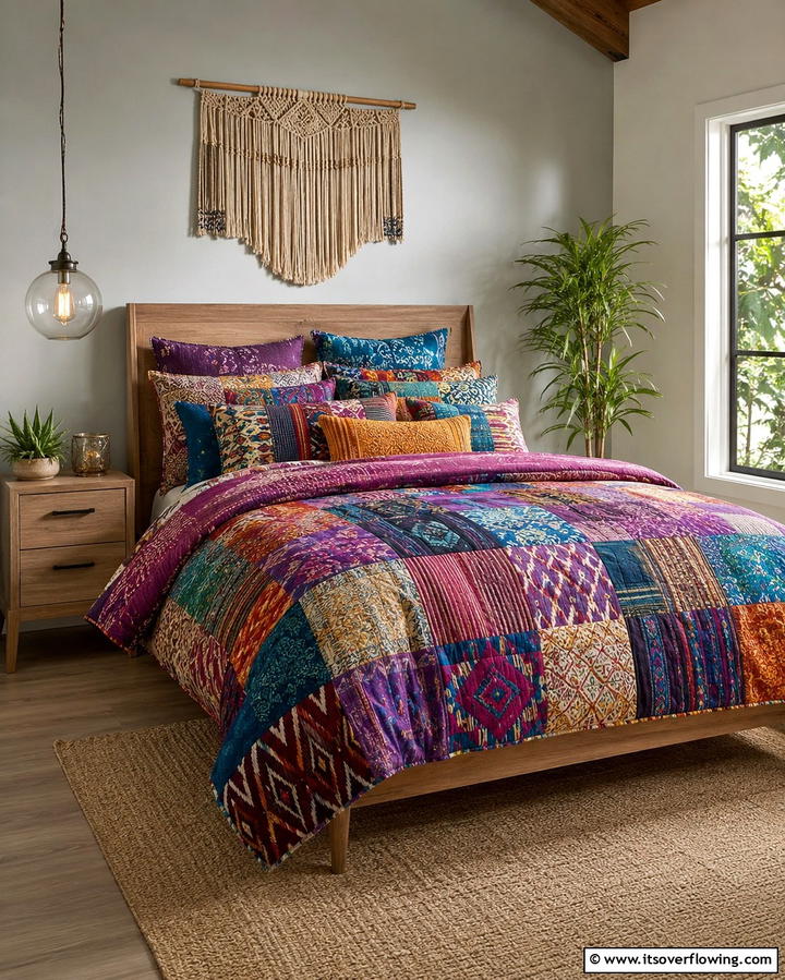 Vibrant Patchwork Bedding - 30 Vibrant Boho Teen Bedroom Ideas for Creative Self-Expression