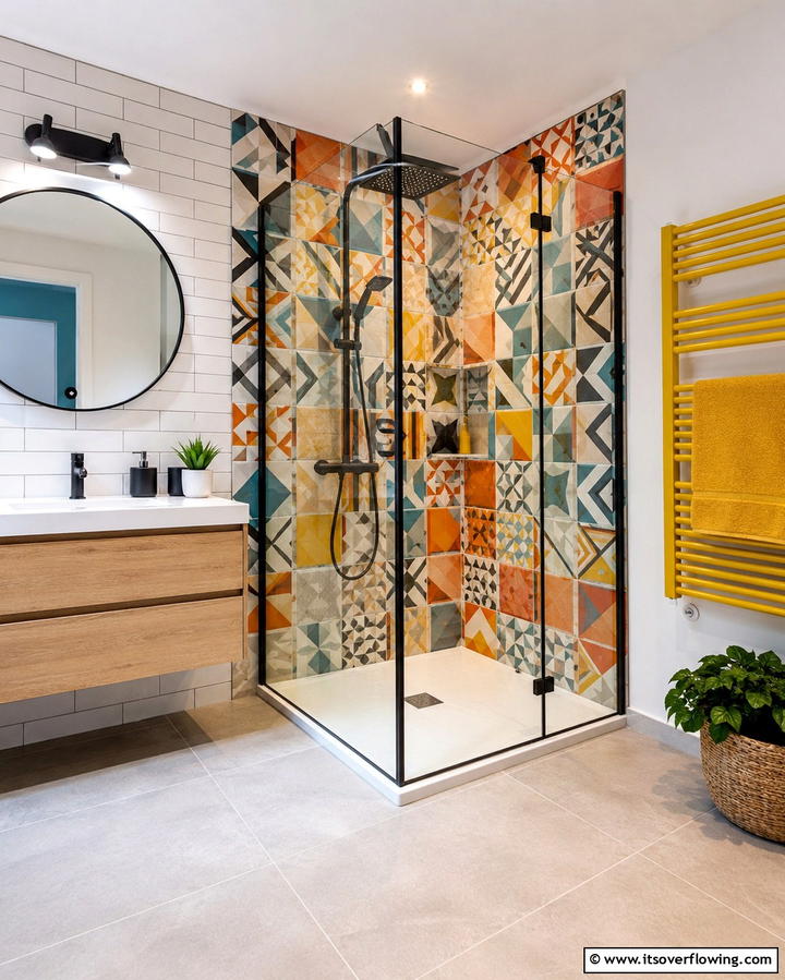 Vibrant Patterned Corner Shower - 30 Space-Efficient Corner Shower Ideas for Modern Bathrooms