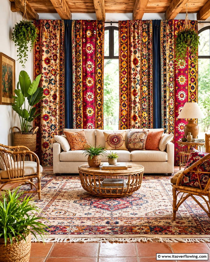 Vibrant Patterned Curtains - 25 Vibrant Colorful Boho Decor Ideas for Your Space