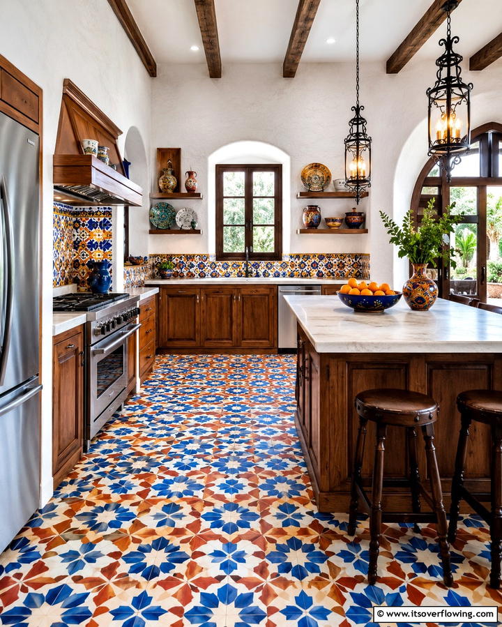 Vibrant Patterned Floors - 30 Spanish Style Kitchen Ideas for Old-World Elegance