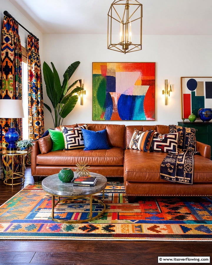 Vibrant Patterns for a Bold Statement - 25 Brown Leather Couch Living Room Ideas