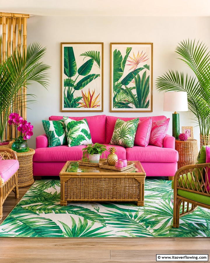 Vibrant Pink with Tropical Prints - 20 Pink Couch Living Room Ideas for a Bold Statement