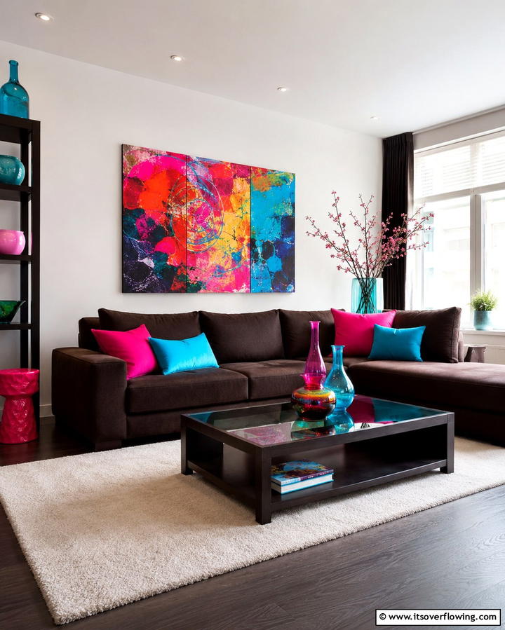 Vibrant Pop of Color in Accents - 30 Warm Dark Brown Couch Styling Ideas for Cozy Living Rooms
