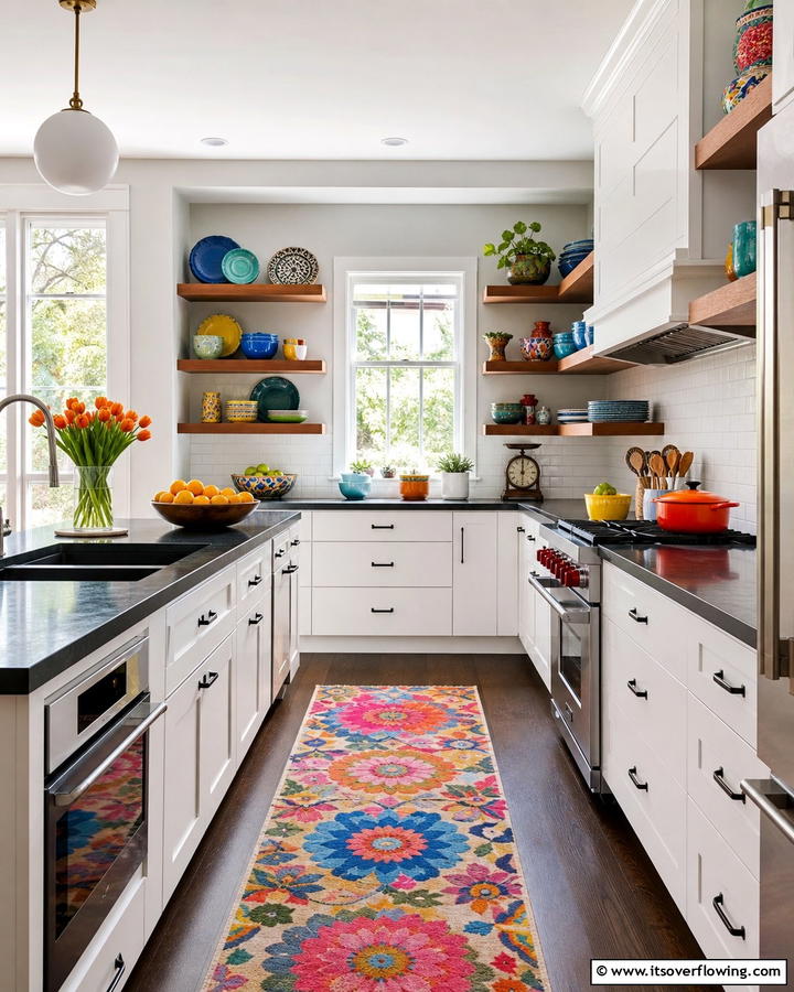 Vibrant Pop with Colorful Accessories - 20 Kitchen Ideas with Dark Countertops and Light Cabinets