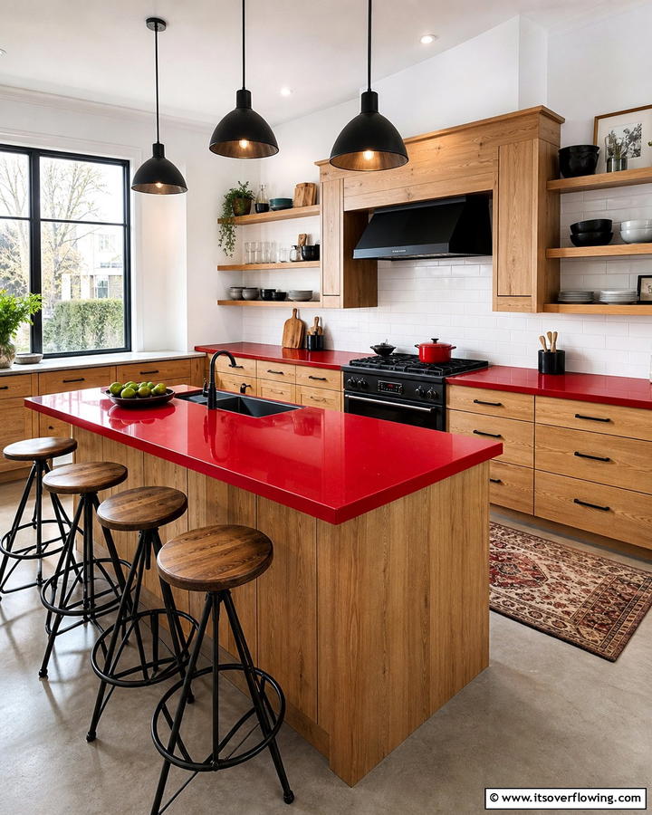 Vibrant Red Statements - 30 Countertop Colors That Harmonize With Oak Cabinets