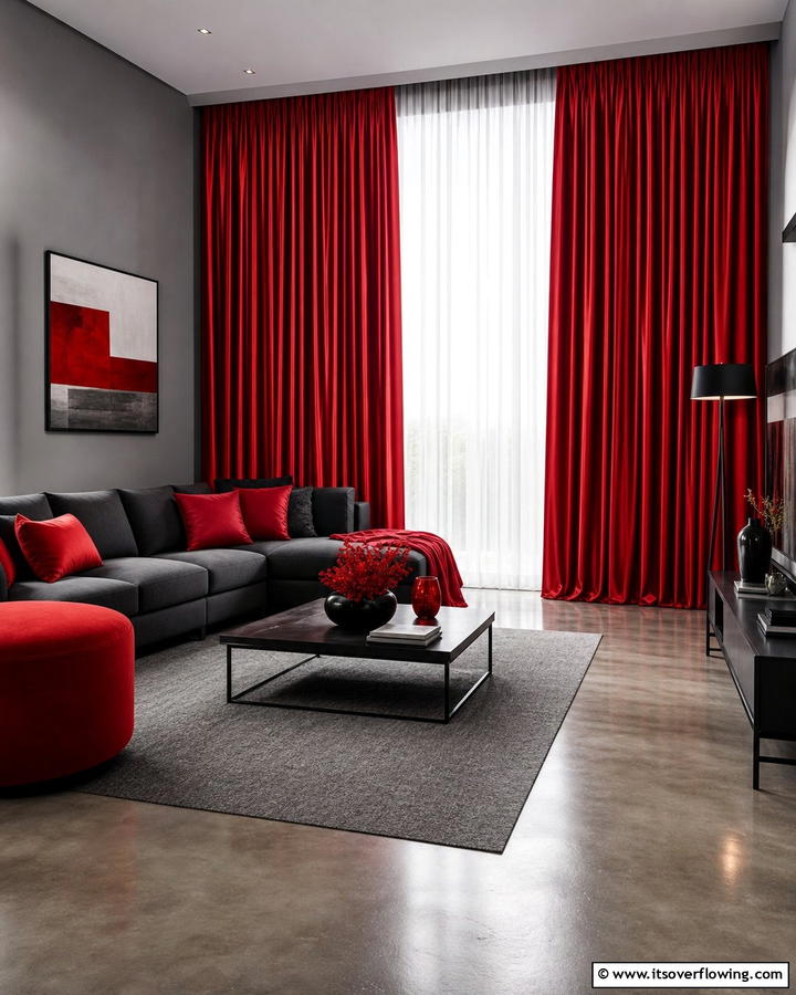 Vibrant Red Touches - 30 Curtain Color Ideas Perfectly Paired With Gray Walls