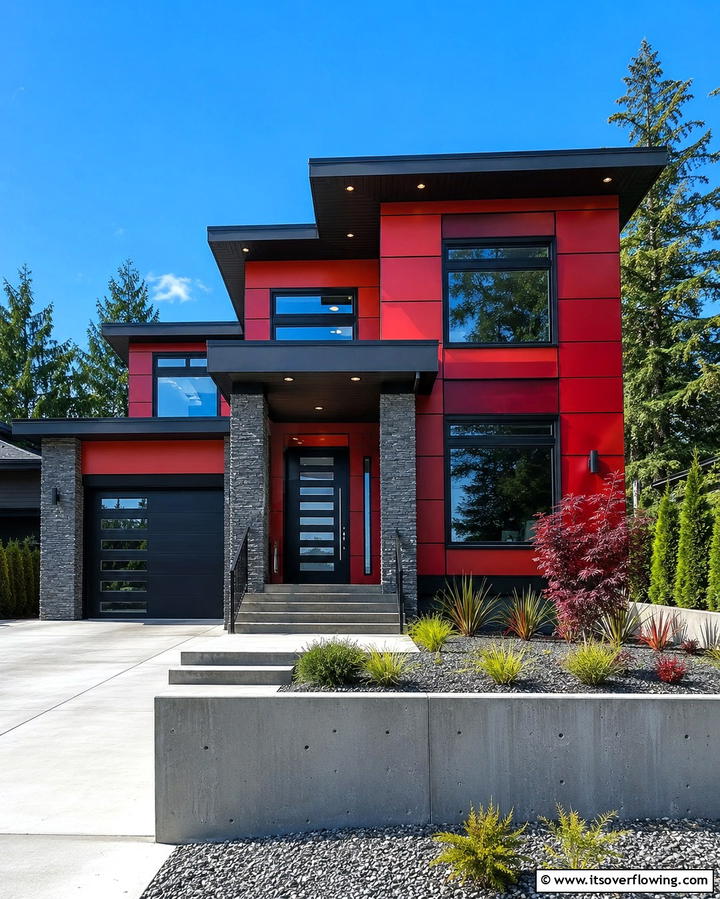 Vibrant Red with Black Accents - 25 Red Home Exterior Ideas to Boost Curb Appeal