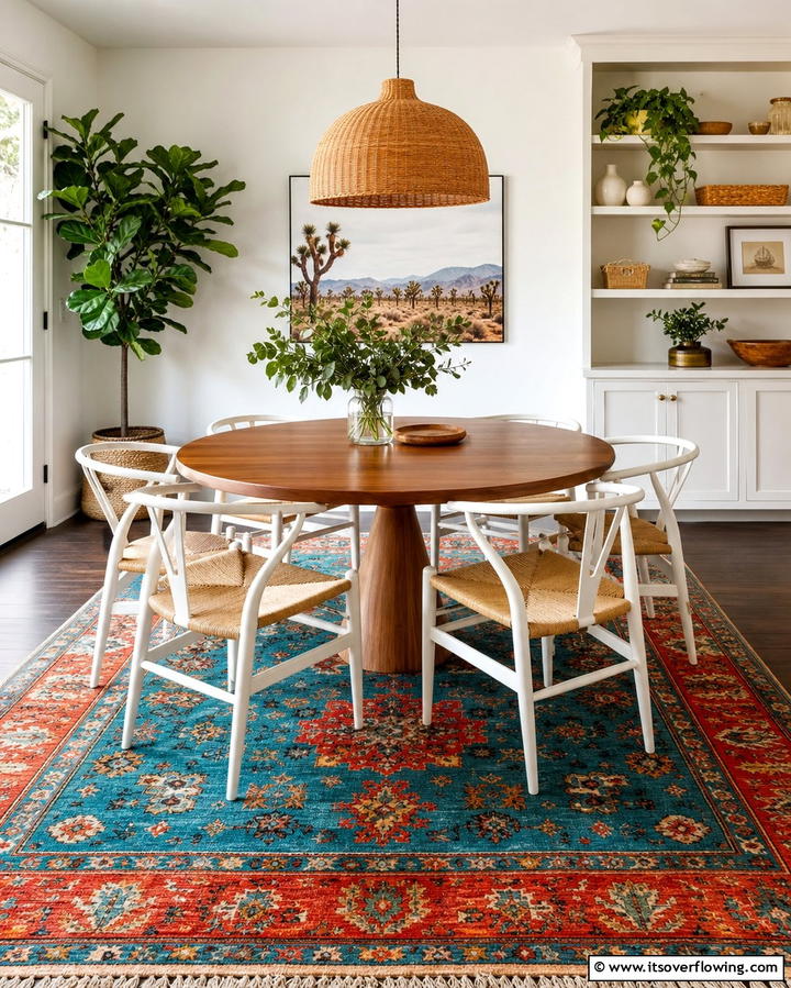 Vibrant Rugs for Floor Level Flair - 25 Vibrant Colorful Dining Room Ideas for a Fun Space