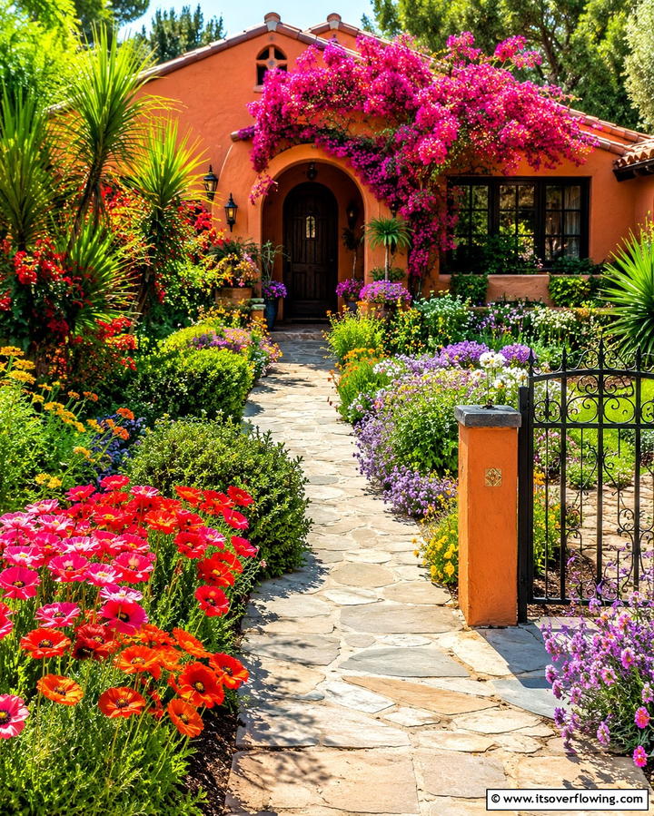 Vibrant Seasonal Blooms - 30 Spanish Bungalow Exterior Ideas for Mediterranean Charm