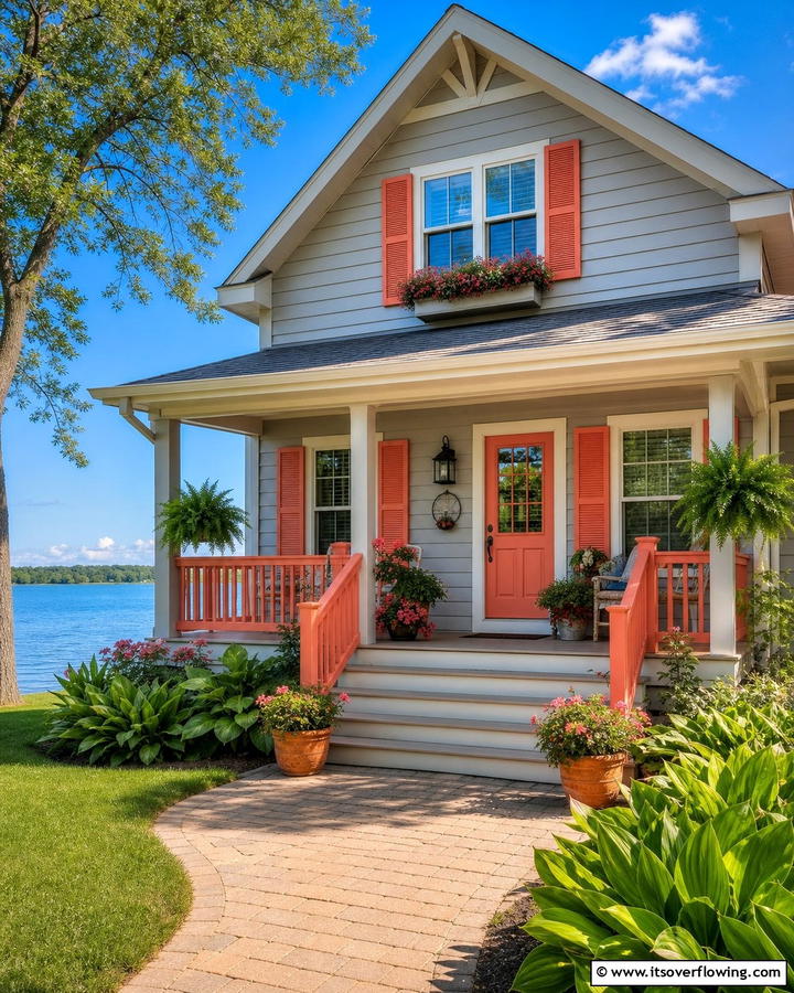 Vibrant Sunset Coral Accents - 30 Lake House Exterior Color Ideas Inspired by Nature
