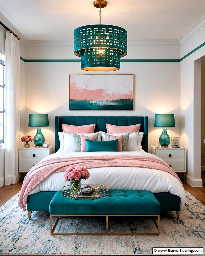 Vibrant Teal Bedding Statement - 30 Teal and Pink Bedroom Ideas for Bold Modern Design