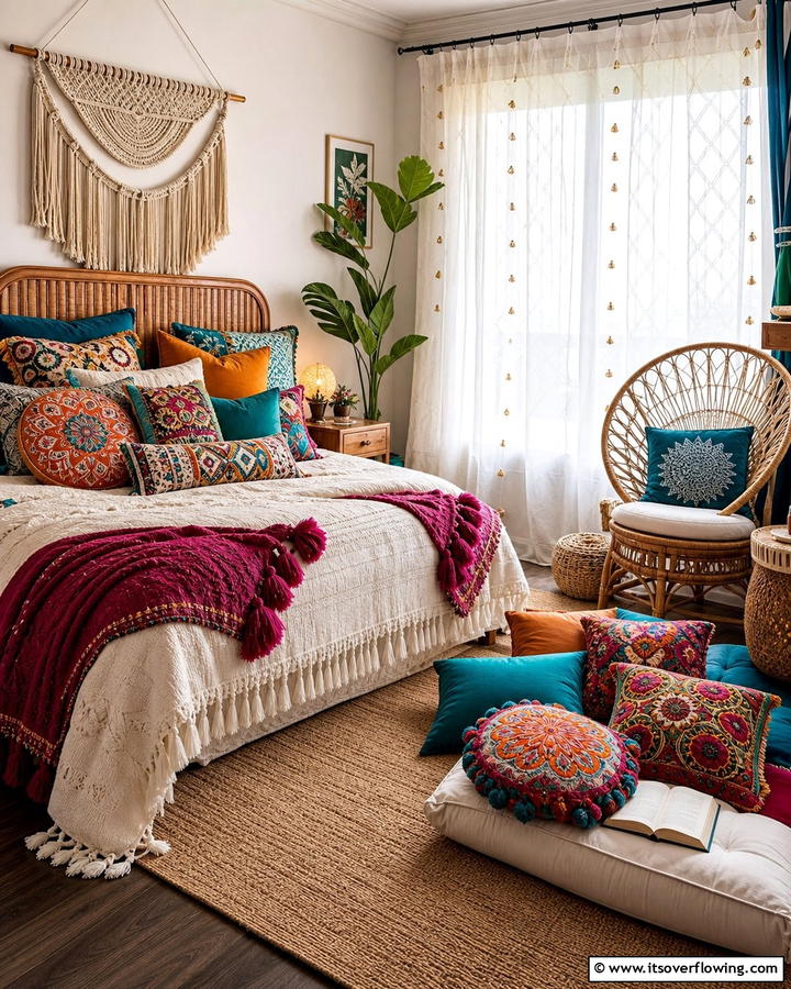 Vibrant Throw Pillows - 20 Girls Boho Bedroom Ideas for a Chic and Relaxing Space