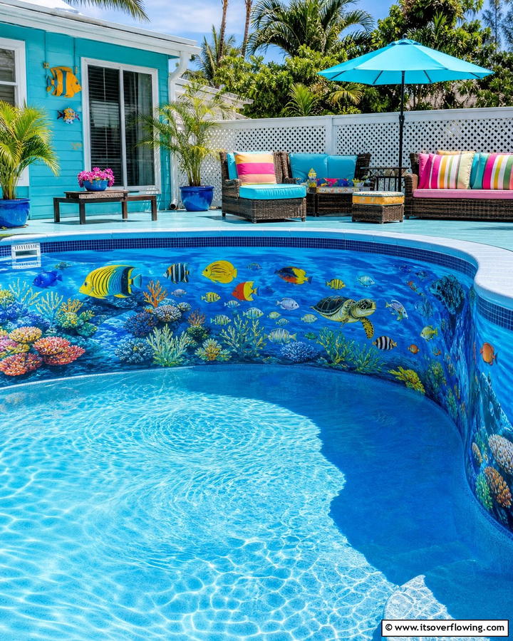 Vibrant Tropical Fish Frenzy - 20 Pool Mural Ideas to Enhance Your Backyard Oasis