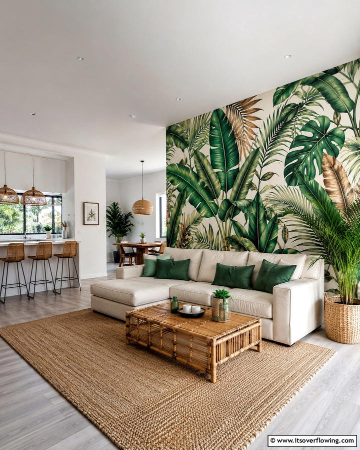 Vibrant Tropical Leaf Wallpaper - 25 Tropical Living Room Ideas for a Vibrant Space