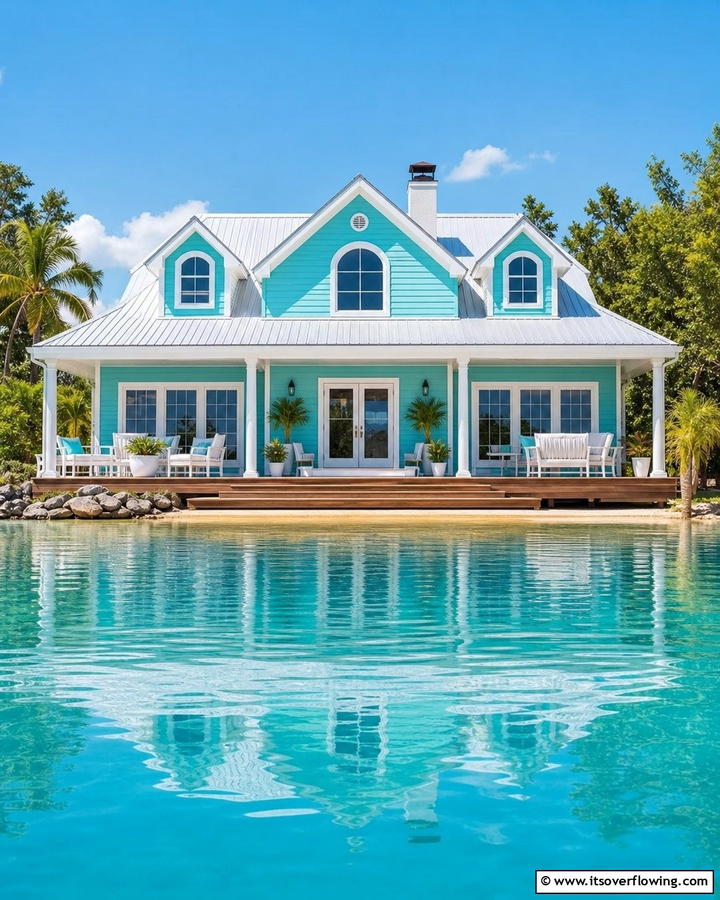 Vibrant Turquoise Splash - 30 Lake House Exterior Color Ideas Inspired by Nature