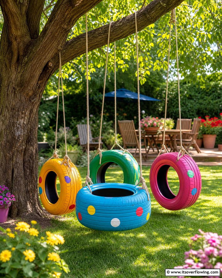 Vibrant Tyre Swings - 21 Recycled Tyre Garden Art Ideas for Eco-Conscious Spaces