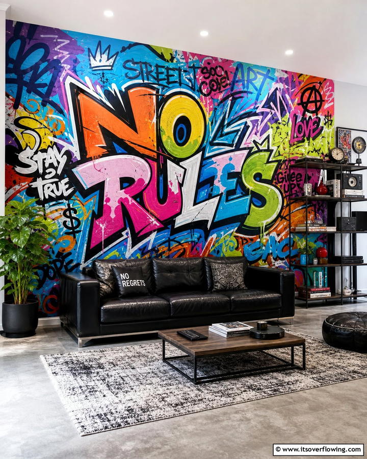 Vibrant Urban Graffiti Wall - 30 Striking Living Room Accent Wall Ideas for Bold Style
