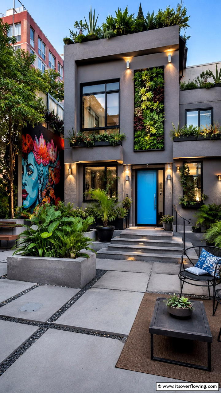 Vibrant Urban Oasis - 30 Grey House With Blue Door Ideas- Charming Curb Appeal