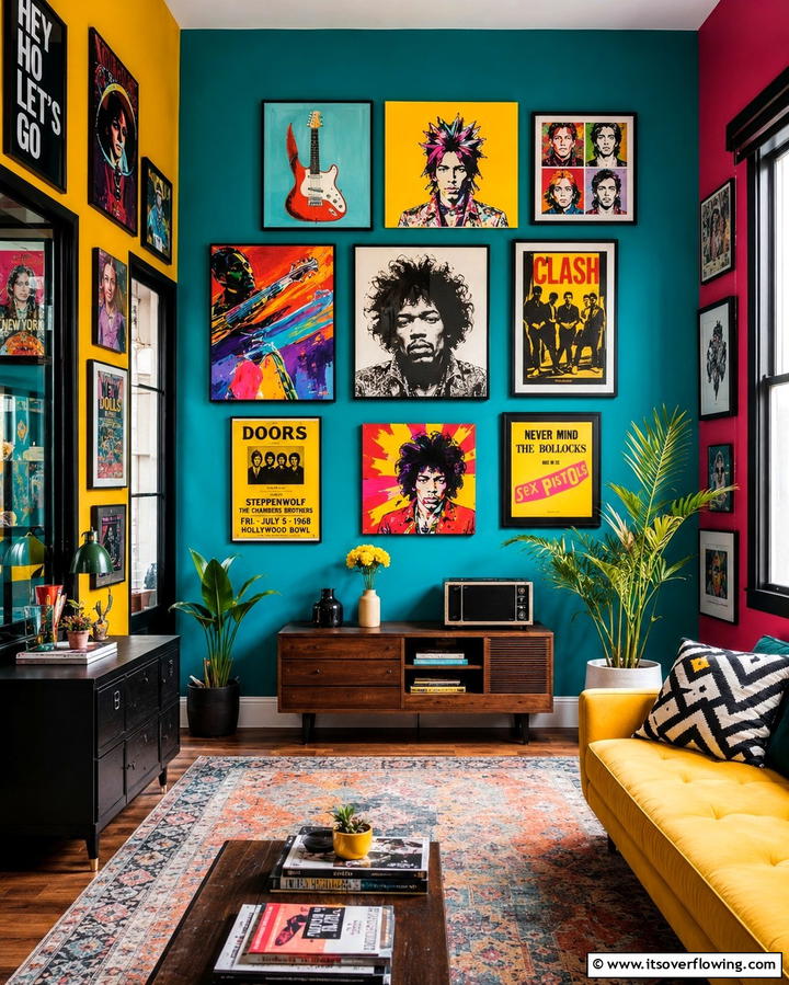 Vibrant Wall Art Display - 25 Guitar Room Ideas for Music Lovers