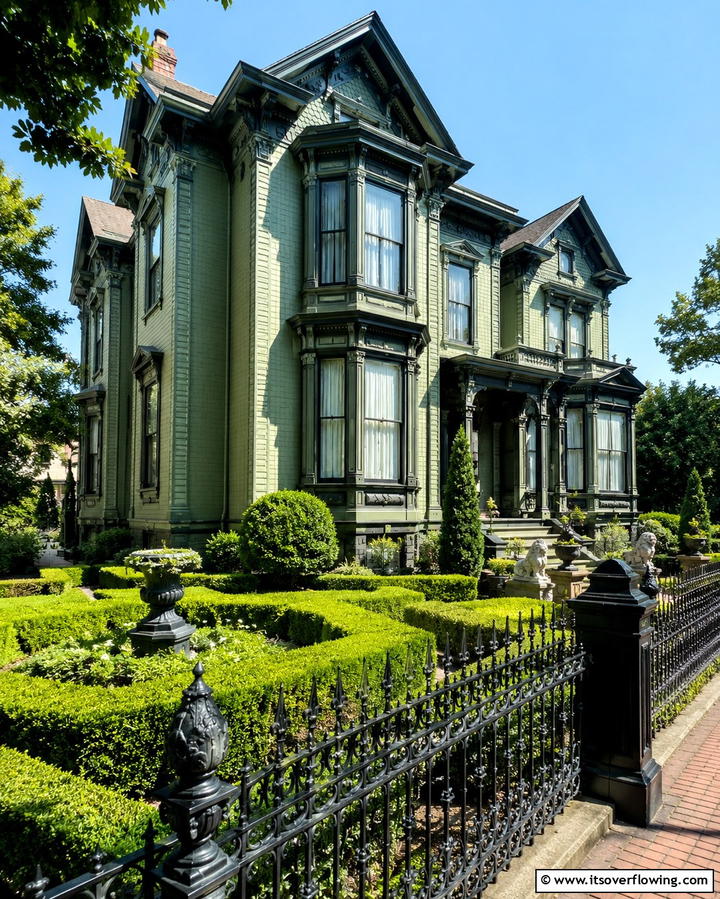 Victorian Elegance - 25 Sage Green House With Black Trim Ideas for Curb Appeal