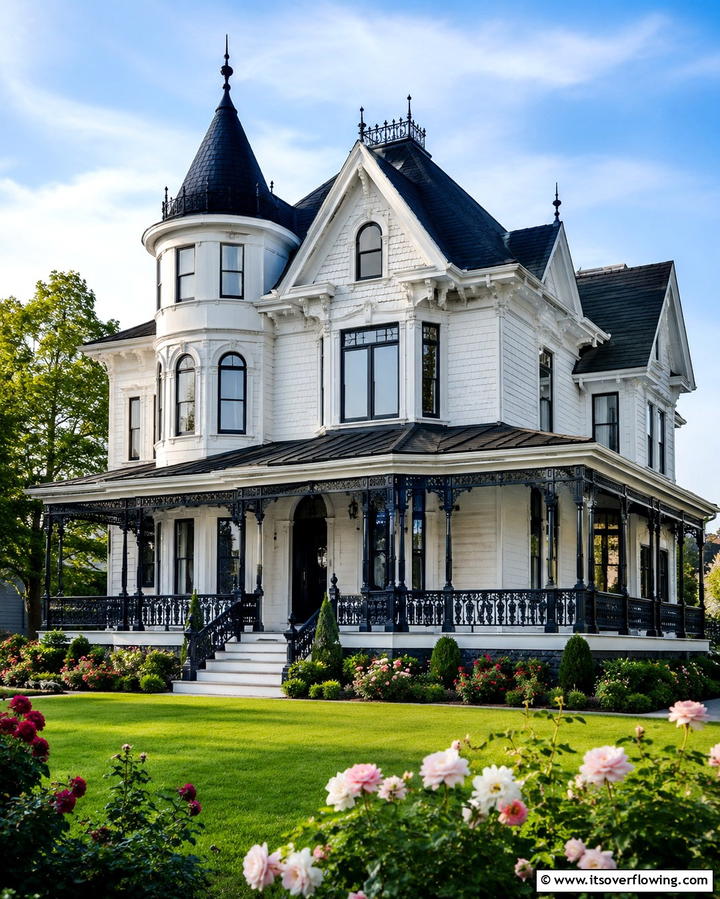 Victorian Inspired Contrast - 25 White Exterior Home with a Black Roof Ideas