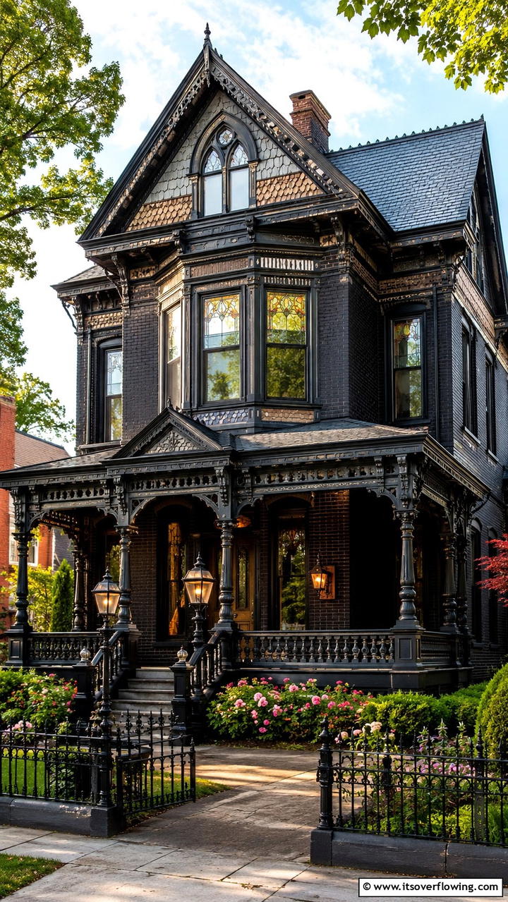 Victorian Revival Black Brick Facade - 30 Black Brick House Exteriors for Bold Curb Appeal