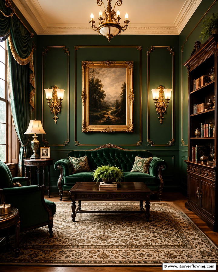 Victorian Wall Sconces - 25 Victorian Dark Green Living Room Ideas for Drama