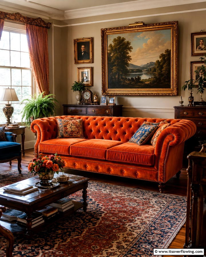 Vintage Allure with Velvet Upholstery - 25 Orange Couch Living Room Ideas for a Vibrant Space