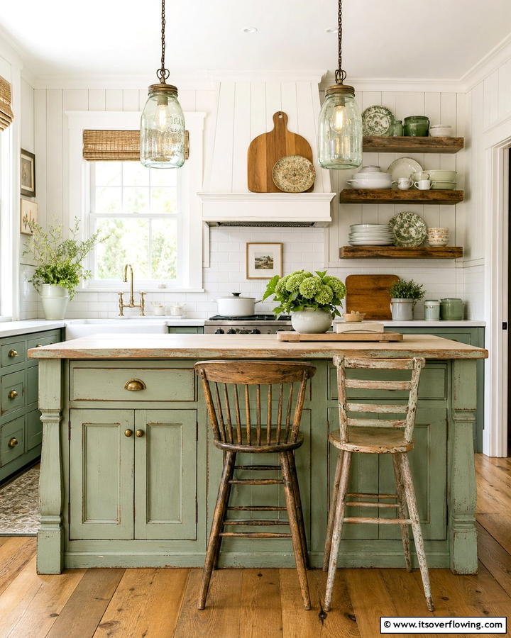 Vintage Appeal with Distressed Paint - 20 Sage Green Kitchen Island Ideas for a Fresh Look